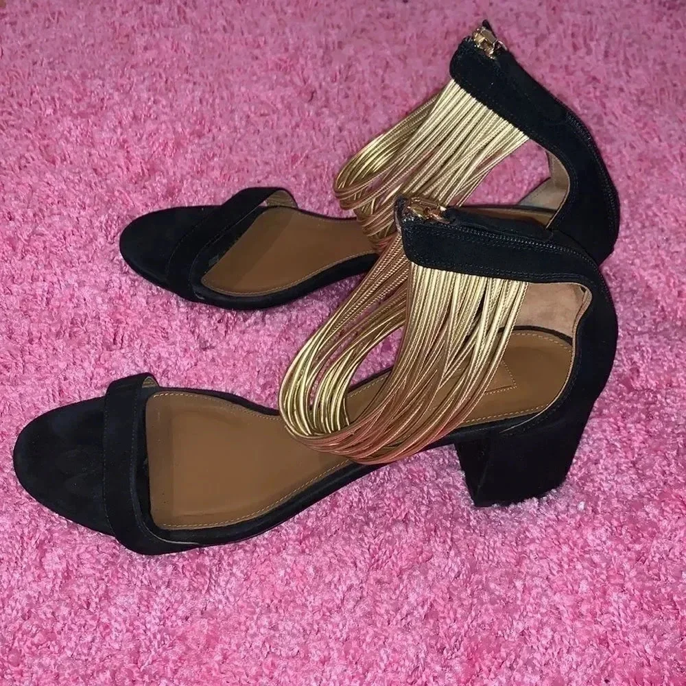 Aquazzura Black Gold Spin Me Heels Size 9